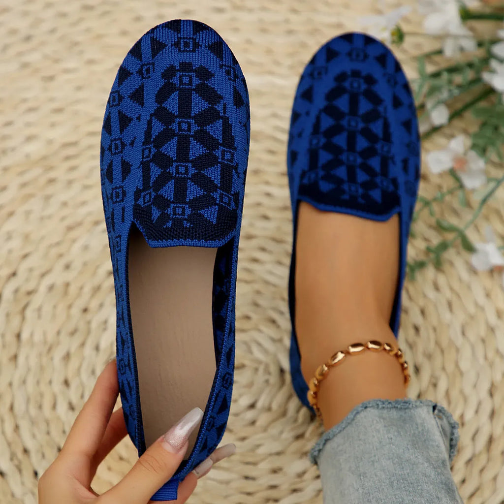 Women's casual flat shoes blue knitted loafers round toe slip-on rubber sole