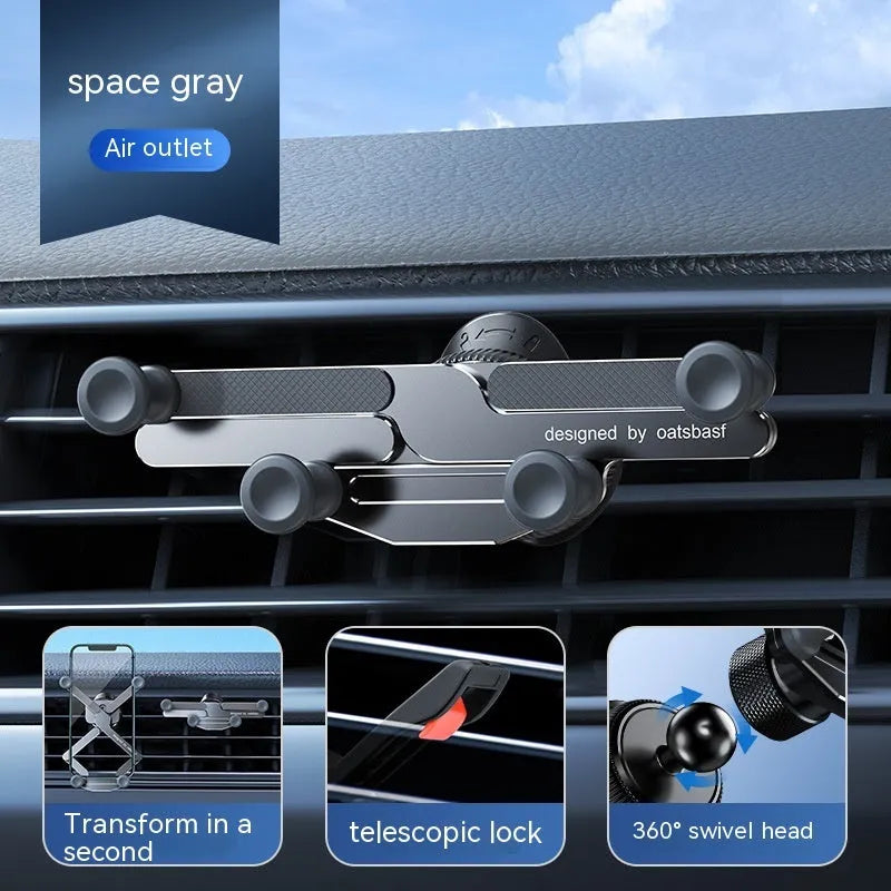 Silver aluminum alloy car air vent phone holder bracket with snap-on clip.