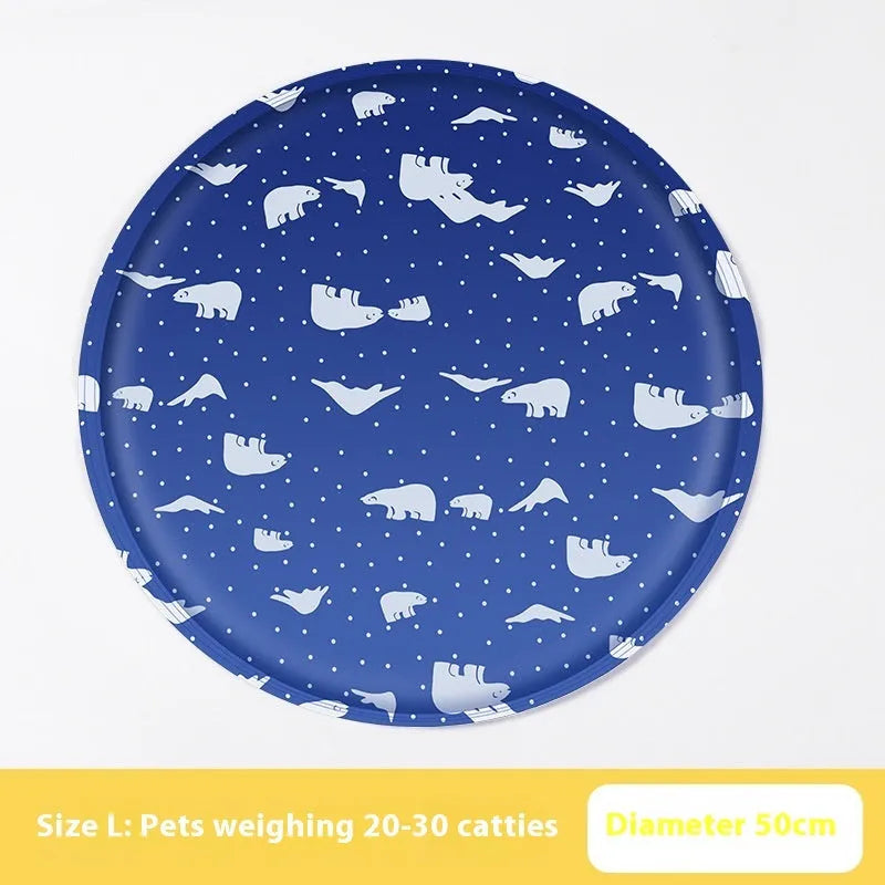 Round pet cooling mat with blue polar bear cartoon design on soft cloth fabric for dogs.
