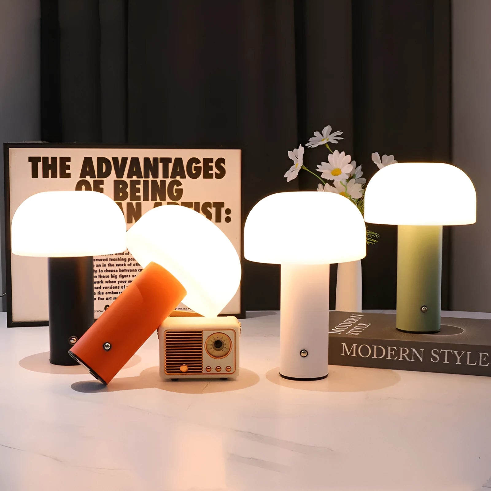 USB-powered plastic table lamp in choice of white, black, orange or green colours