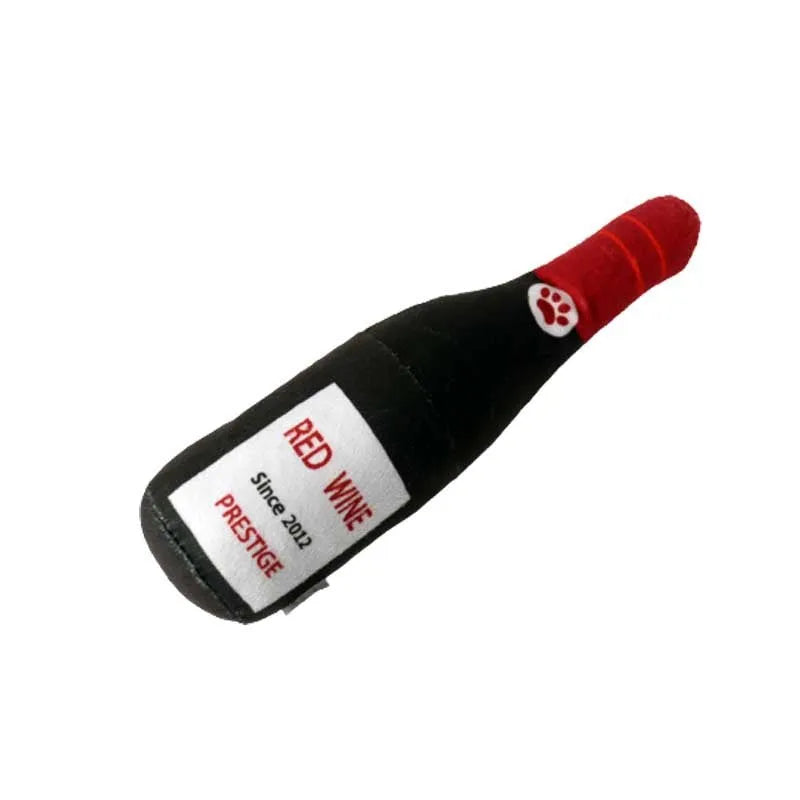 Plush wine bottle pet toy in assorted colours including green, orange, red, black and white.