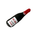 Plush wine bottle pet toy in assorted colours including green, orange, red, black and white.