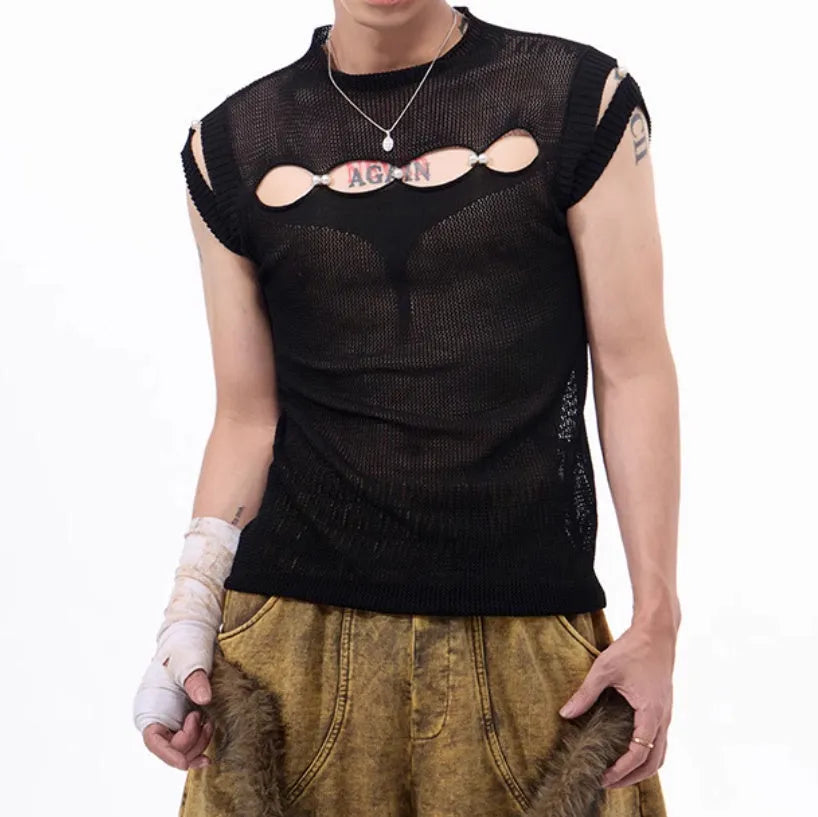 Dark hollow-out knitmesh sleeveless T-shirt in black with round collar and regular length
