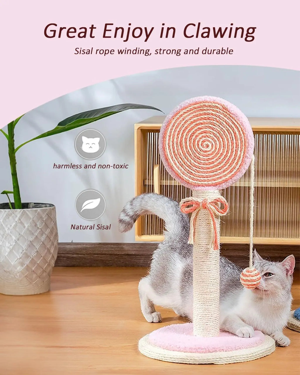 Blue cat scratching post with sisal rope and a hanging yellow ball on a sturdy base.