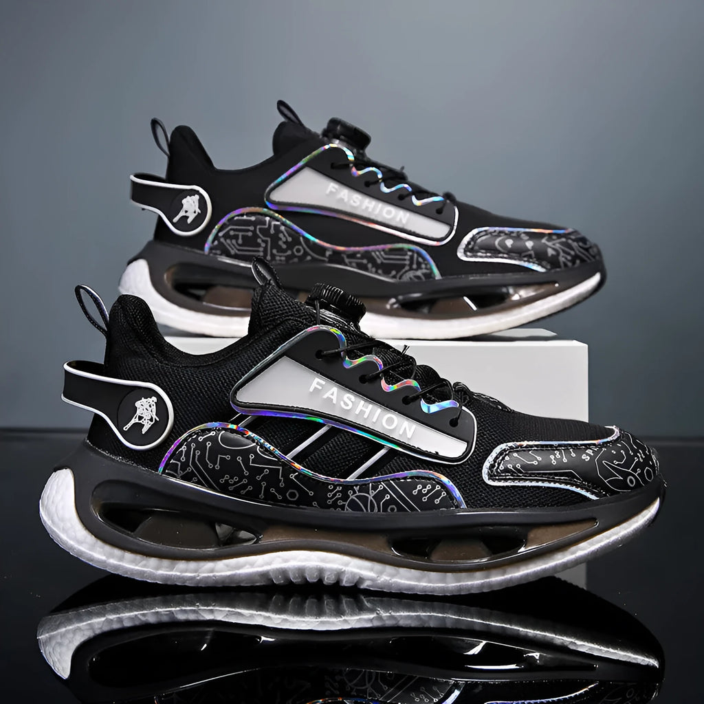 Men's low-top mesh running shoes in black with elastic band and round toe.