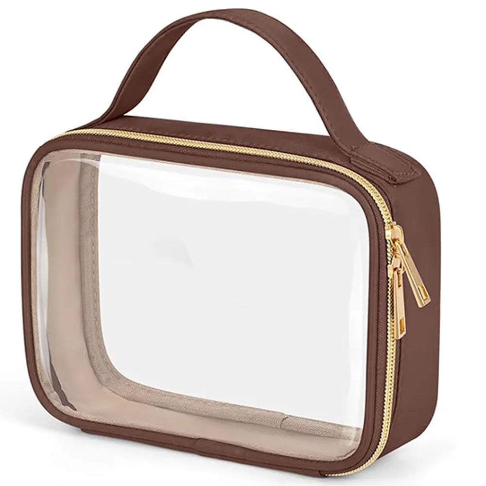 Clear PVC cosmetic wash bag with chain handle showing lipsticks inside, in leopard print colour.