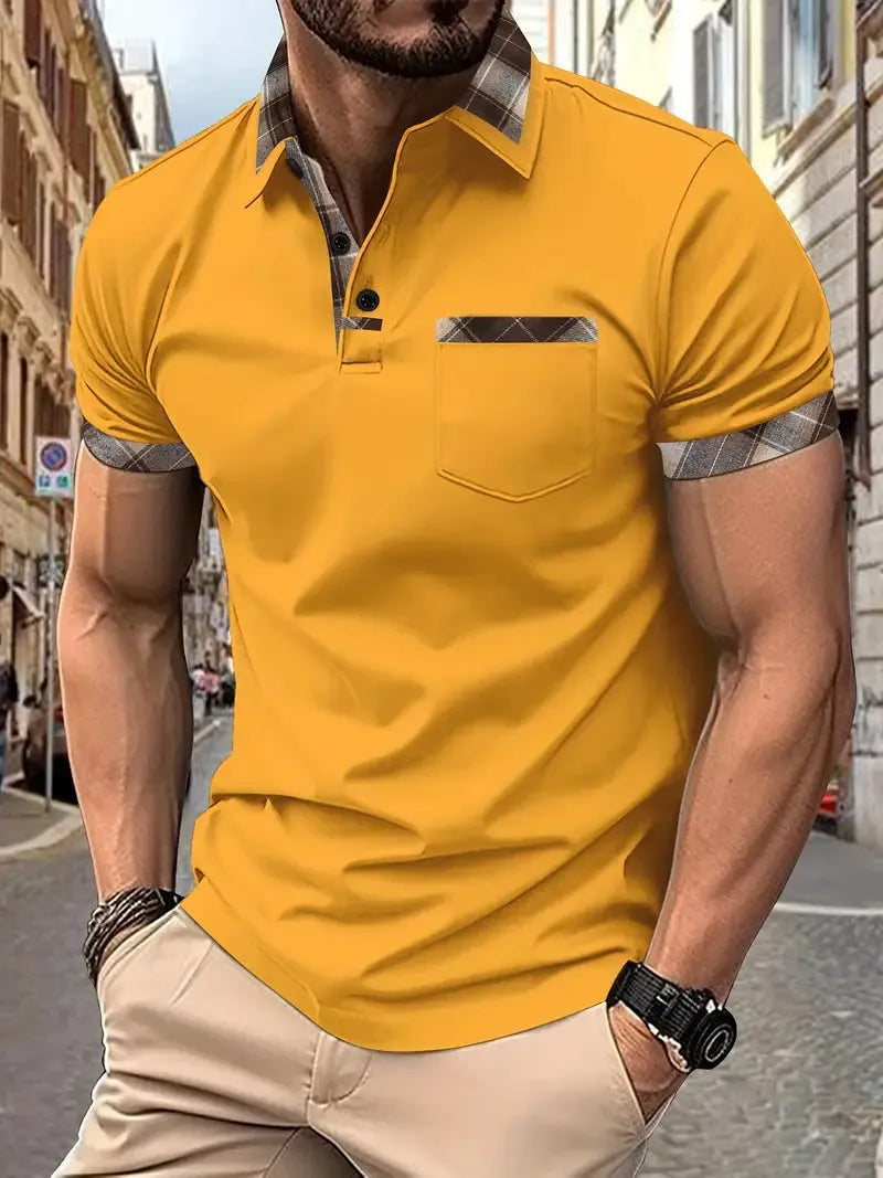 Men's loose fit plaid colourblock t-shirt with short sleeves and zipper decorations.