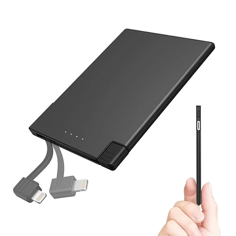 Ultra-thin black portable power bank with built-in cable, 2600mAh to 5000mAh, stainless steel PC TPE shell