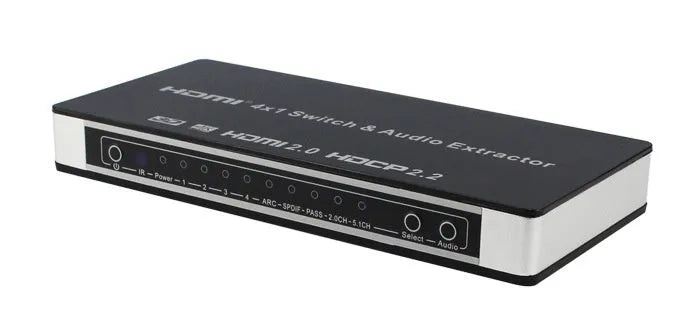 Black 4x1 HDMI switcher with remote control for audio and video signal distribution
