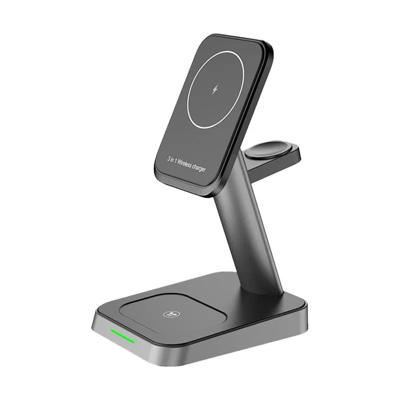 Black wireless three-in-one charger with 10,000mAh power bank and 15W fast charging