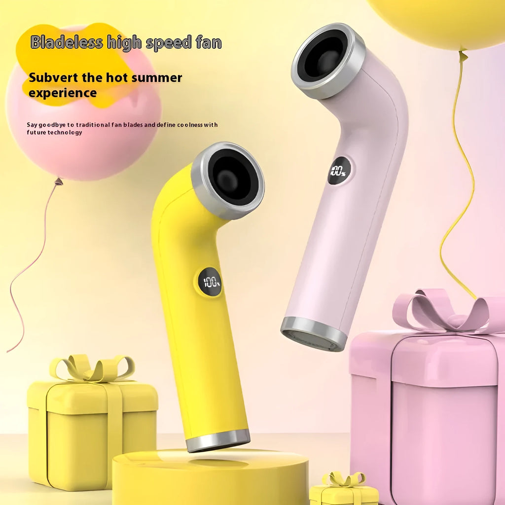 A small apricot-coloured bladeless portable fan on a wooden desk.