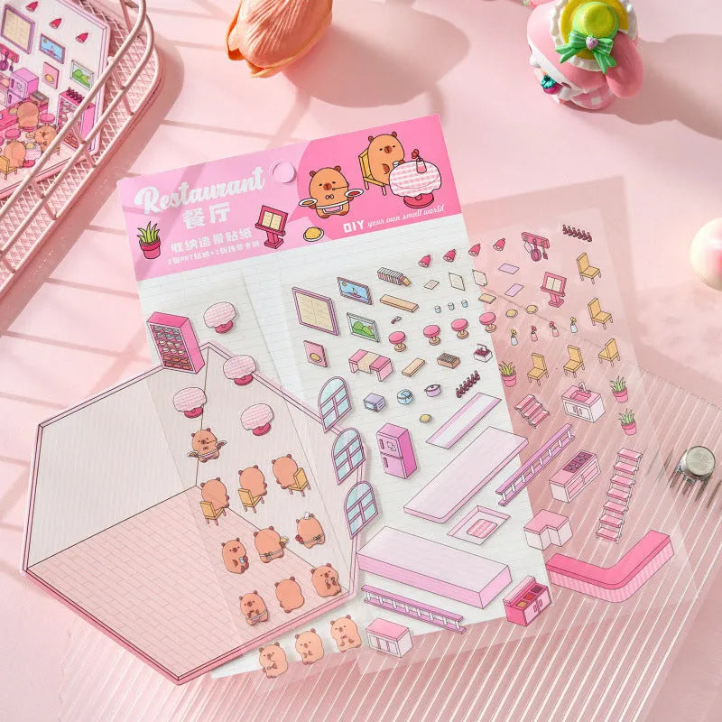 Capabala pre-cut PET cartoon sticker sheet in themes like pink restaurant and green bookstore.