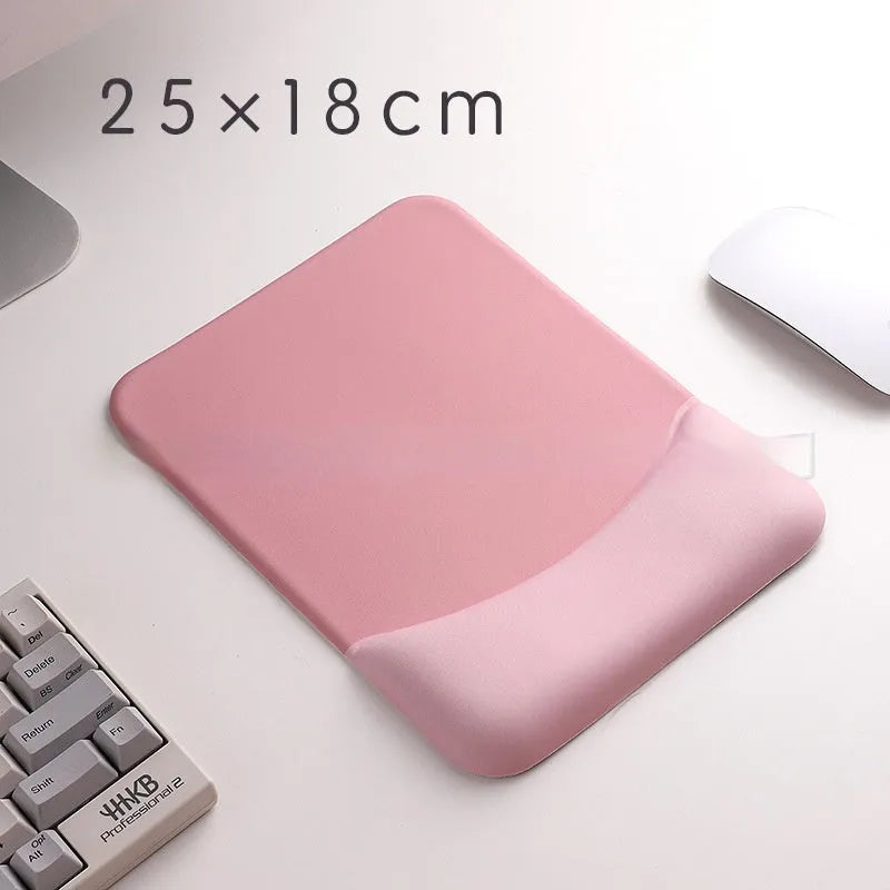 Square silica gel wrister mouse pad with cloth surface showing colour options including black, blue, pink and purple