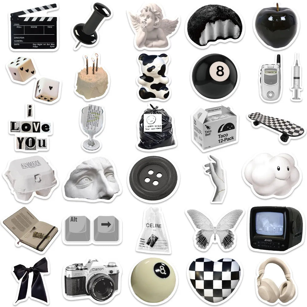 61 black and white PVC waterproof stickers for laptops, phones, luggage, and skateboards.