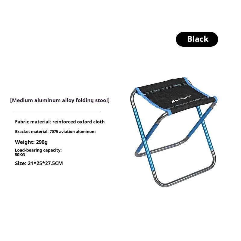 Black aluminium alloy folding camping stool in train-style design for outdoor use
