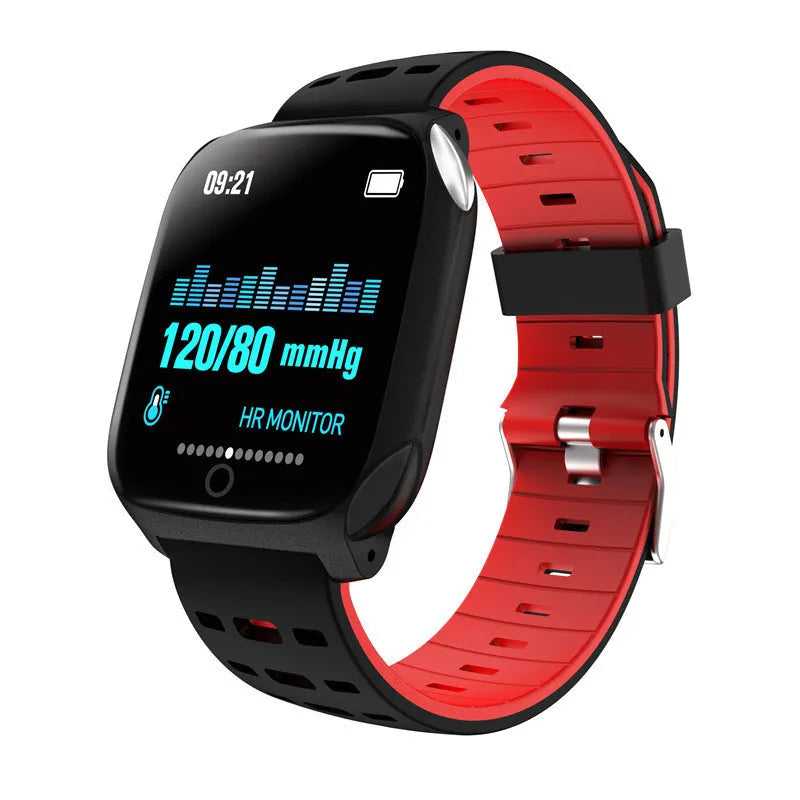 F16 smart watch with ECG and blood pressure monitoring on wrist, showing black watch body with coloured silicone strap