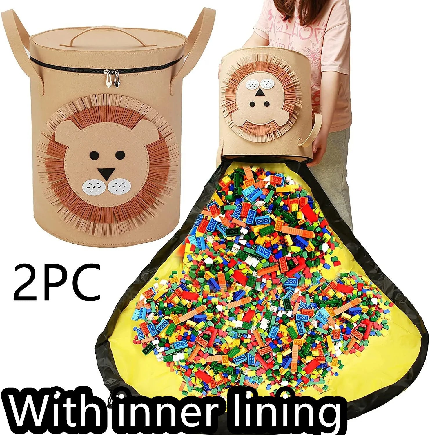 Green felt cube storage bag with pull rope, laid flat as a play mat for toys.