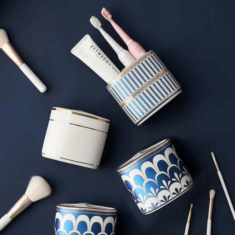 Ceramic toothbrush rack in household light luxury style with three colour options on a bathroom counter
