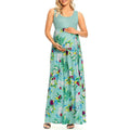 Fashion print stitching round neck maternity dress in light green, sleeveless swing style with high waist, for summer
