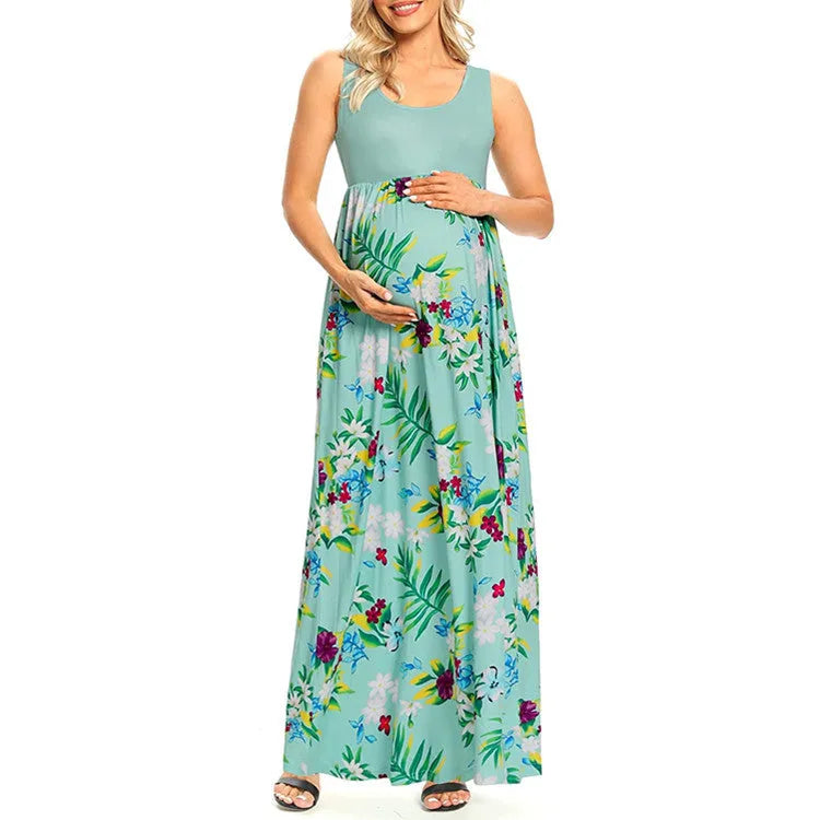 Fashion print stitching round neck maternity dress in light green, sleeveless swing style with high waist, for summer