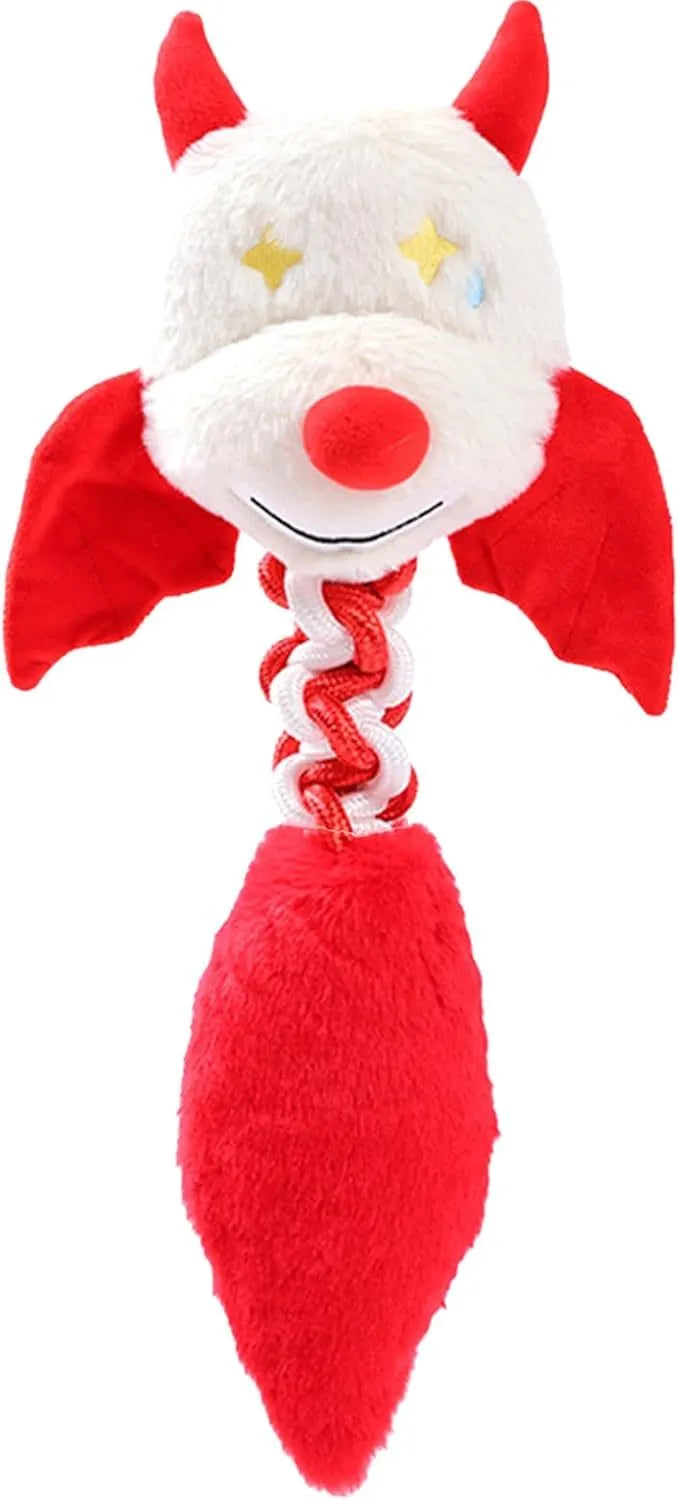 Large plush dog toy with squeaker and rattle in black, green, or red colours, measuring 44cm long