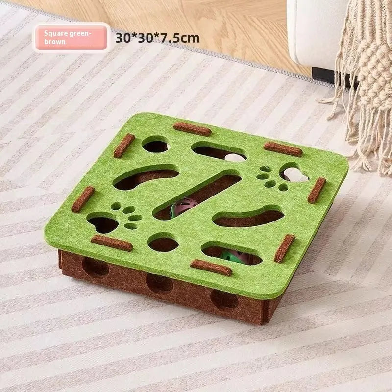 Green brown felt cat toy box with a central hole for catnip.