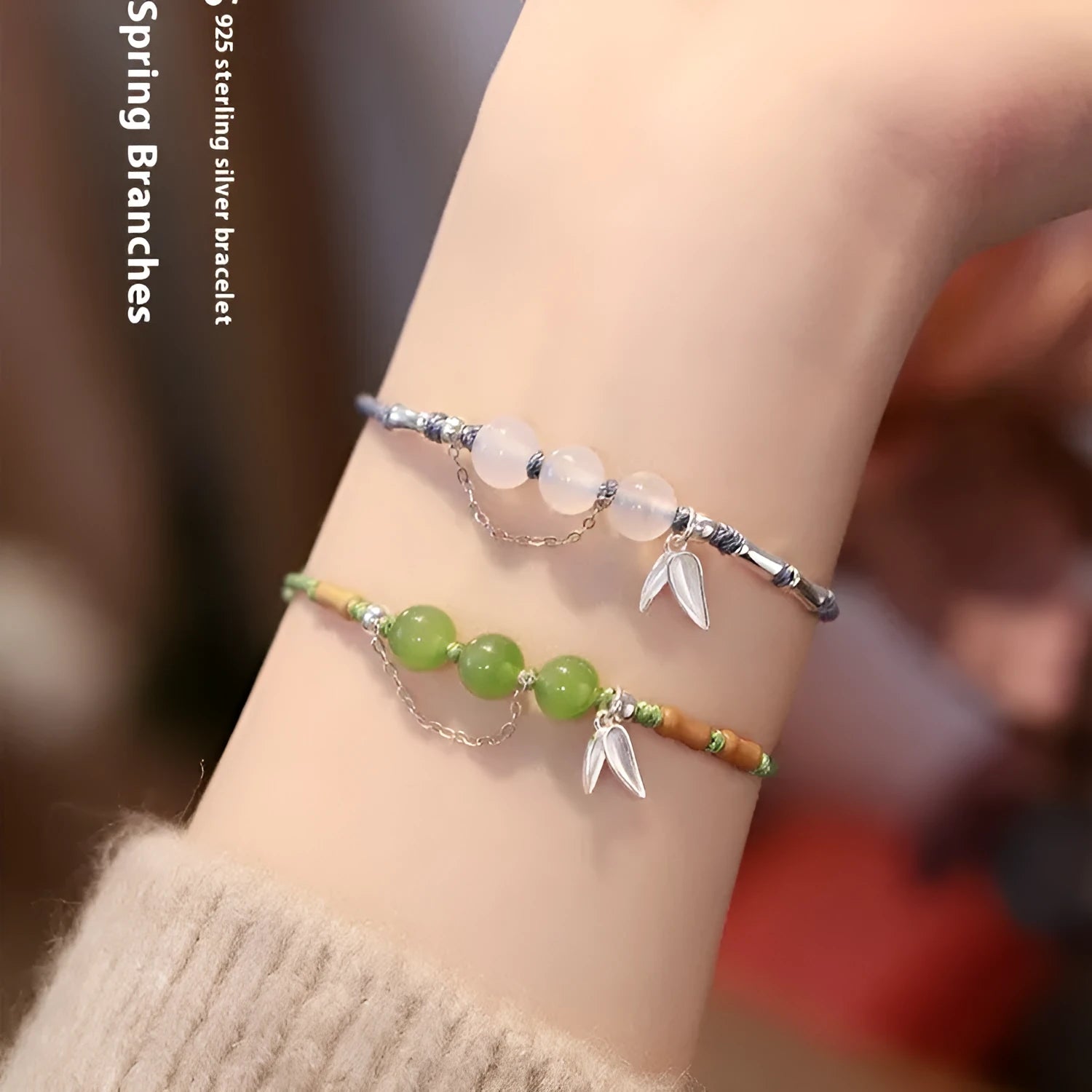 Hetian jade chalcedony handmade woven carrying strap bracelet with diamond lotus seedpod pendant, light green jasper colour