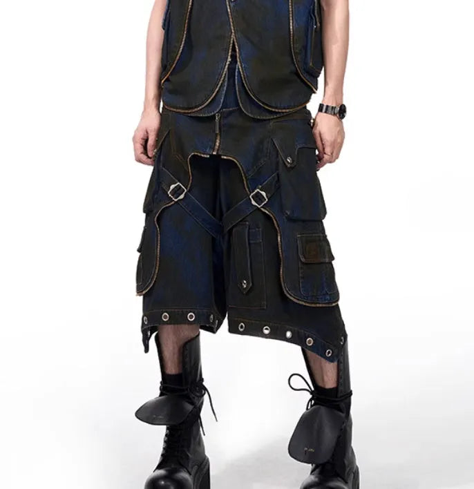 Blue hooded denim vest coat and matching trousers set with zipper front closure