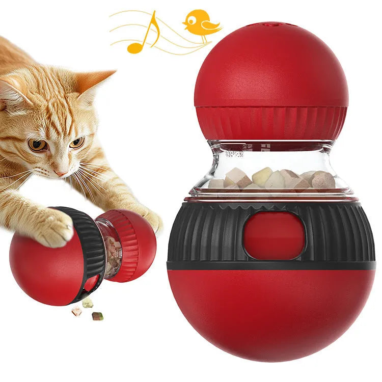 Rotating plastic cat toy with food dropping ball and sound features in super ball colour scheme