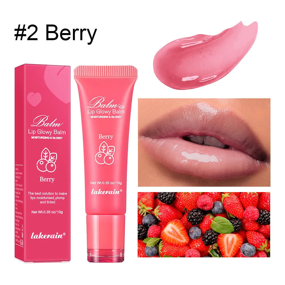 Women's flavoured lip gloss stick in berry, grape, grapefruit, and yellow peach shades.
