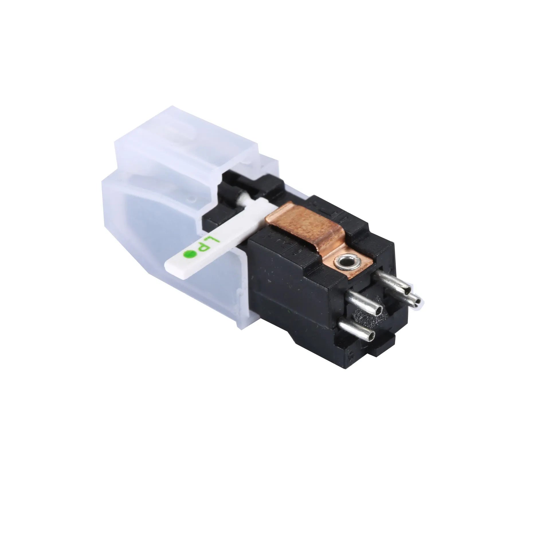 Double needle magnetic turntable cartridge pickup head with ABS plastic shell.