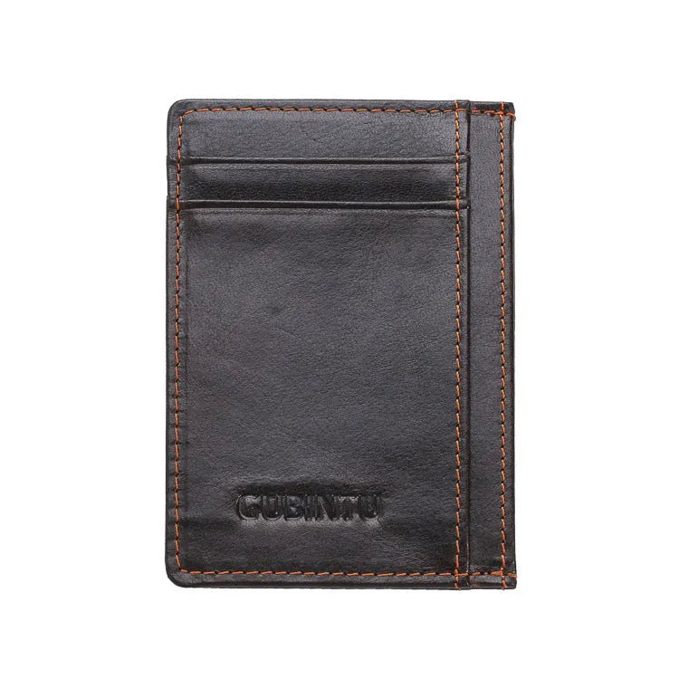Men's genuine leather slim card holder in solid dark brown colour on plain background