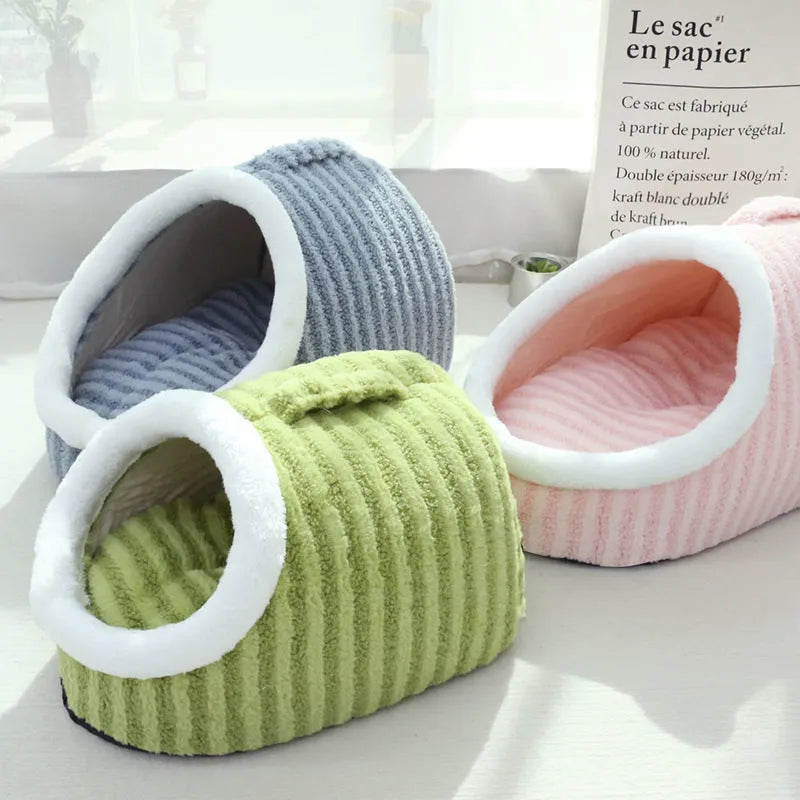 Thickened three-dimensional macaron cat nest in pink, blue, green, and yellow colours for autumn winter