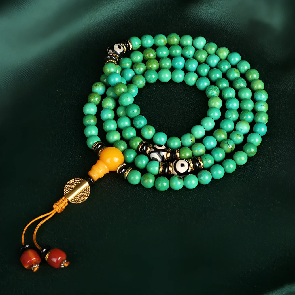 Natural turquoise beaded bracelet with 108 polished 8mm round beads in a national style.