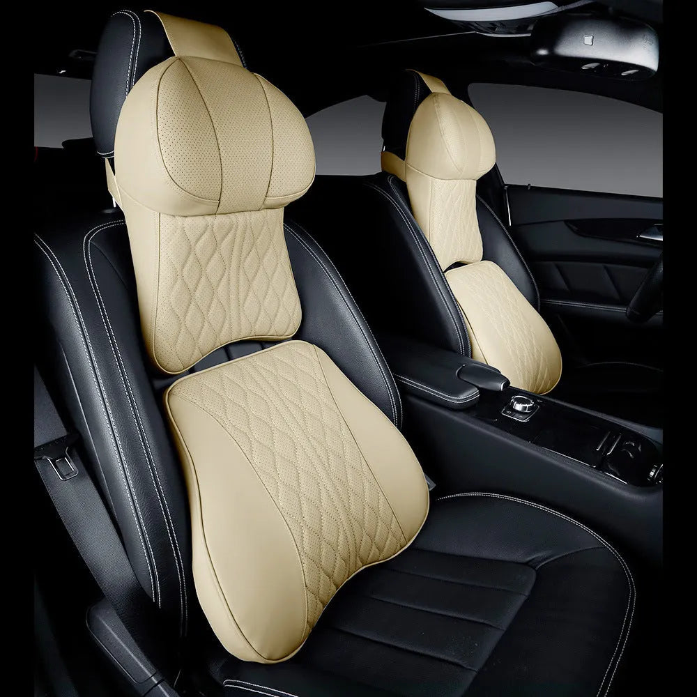 Car neck pillow and lumbar support pillow set with wavy pattern embroidery design