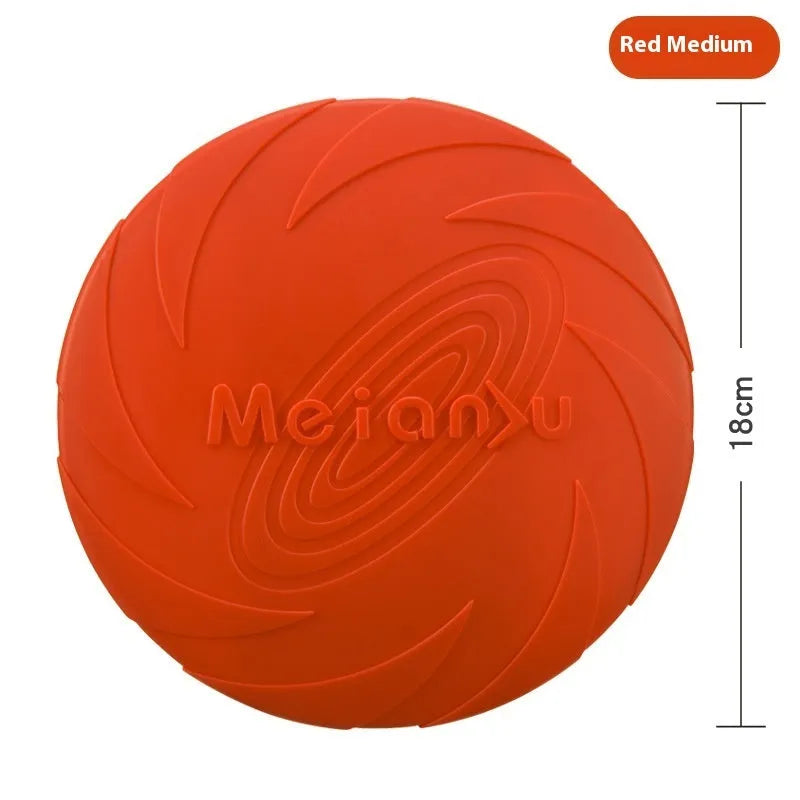 Soft rubber dog frisbee flying disc toy in red, blue, and green colours showing small, medium, and large sizes