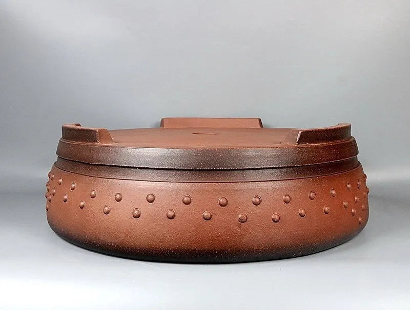 Handmade antique drum round ceramic flowerpot in purple sand colour, 60x19cm, with red mud pine cypress old pile styling