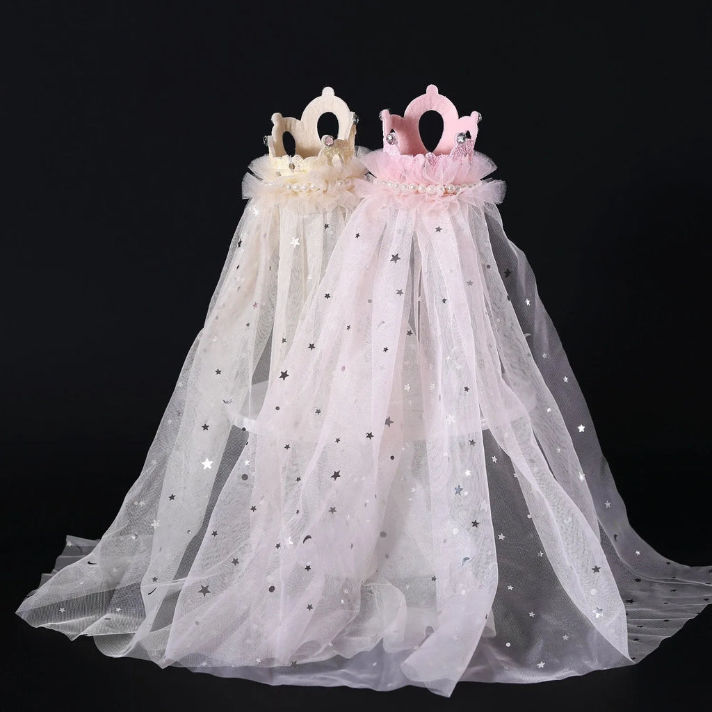 Pet princess crown headdress for cats with lace-trimmed veil in beige or pink colour options