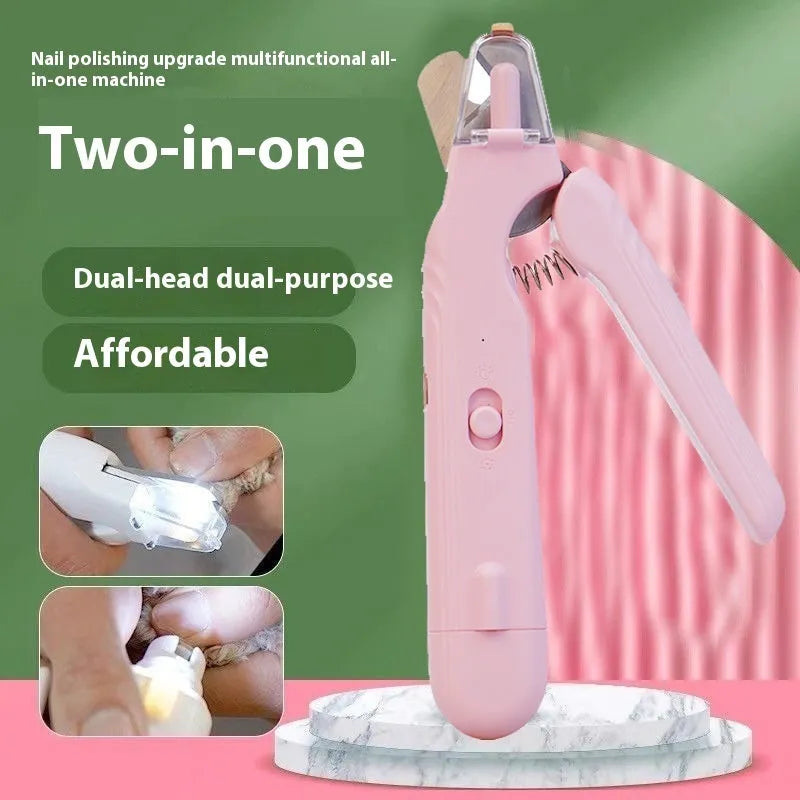2-in-1 pet nail clipper with LED light and grinder for safe dog and cat nail trimming, white and green