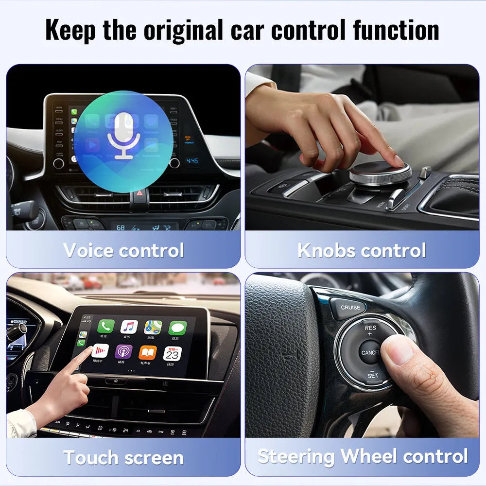 Small black Carplay USB wireless data adapter dongle on a car dashboard