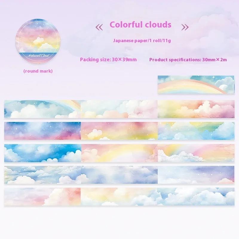 Japanese paper washi tape roll with celestial sky patterns including colourful clouds and twilight, 30mm width