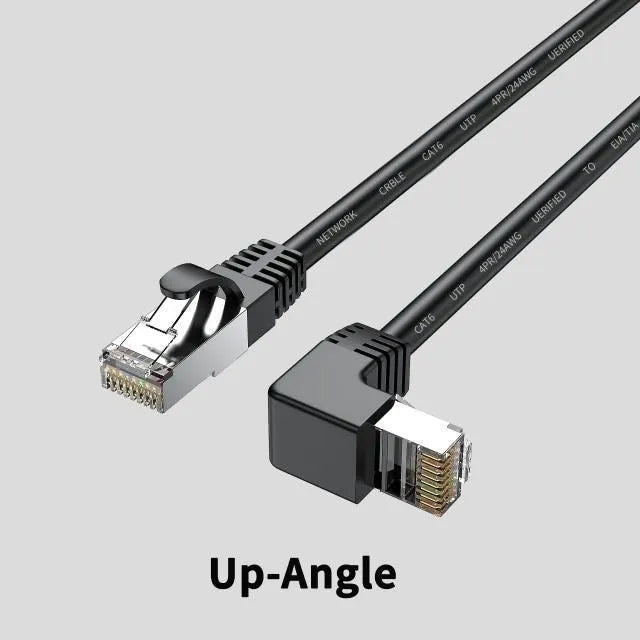 Cat6 Ethernet cable with right-angle RJ45 connector in various colours and lengths