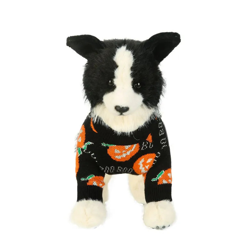 Black dog sweater with orange pumpkin pattern for Halloween, available in sizes S to XXL