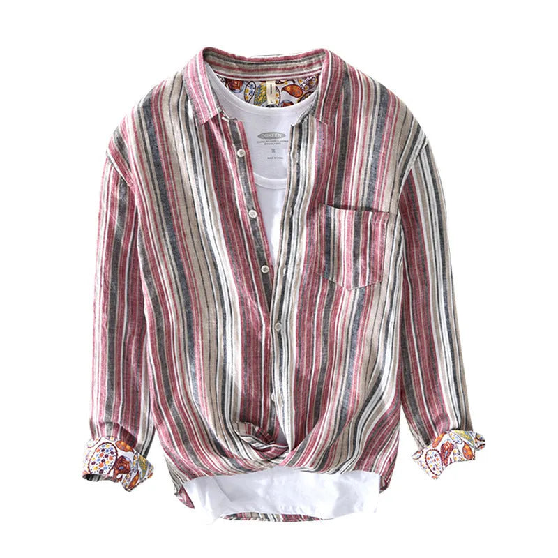 Men's red and grey striped linen shirt with long sleeves and loose fit