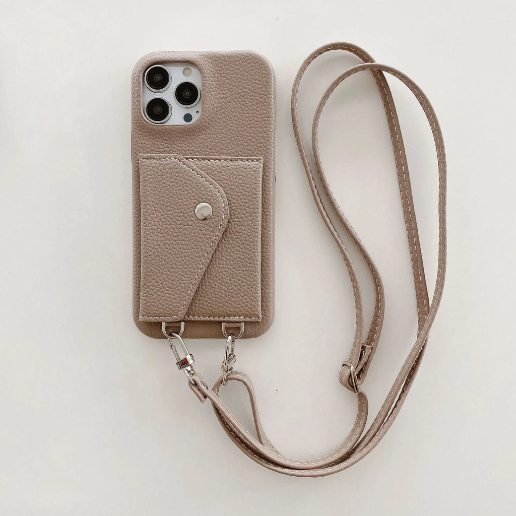Lychee pattern triangle veil card holder crossbody phone case for iPhone 13 14 15 with lanyard, black colour