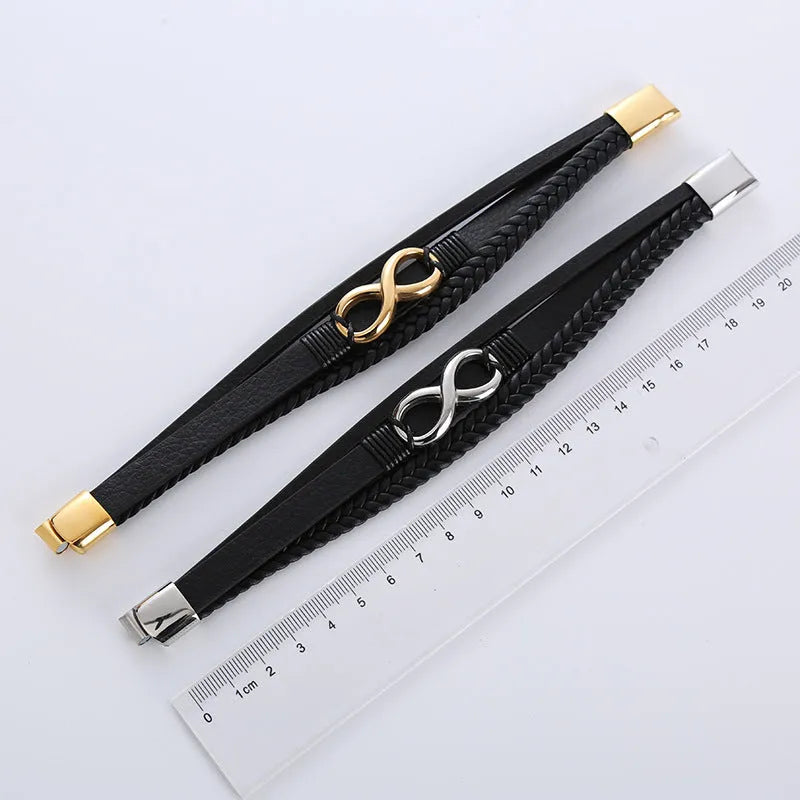 Men's retro pu leather twist weave infinite symbol bracelet in steel colour with electroplated finish