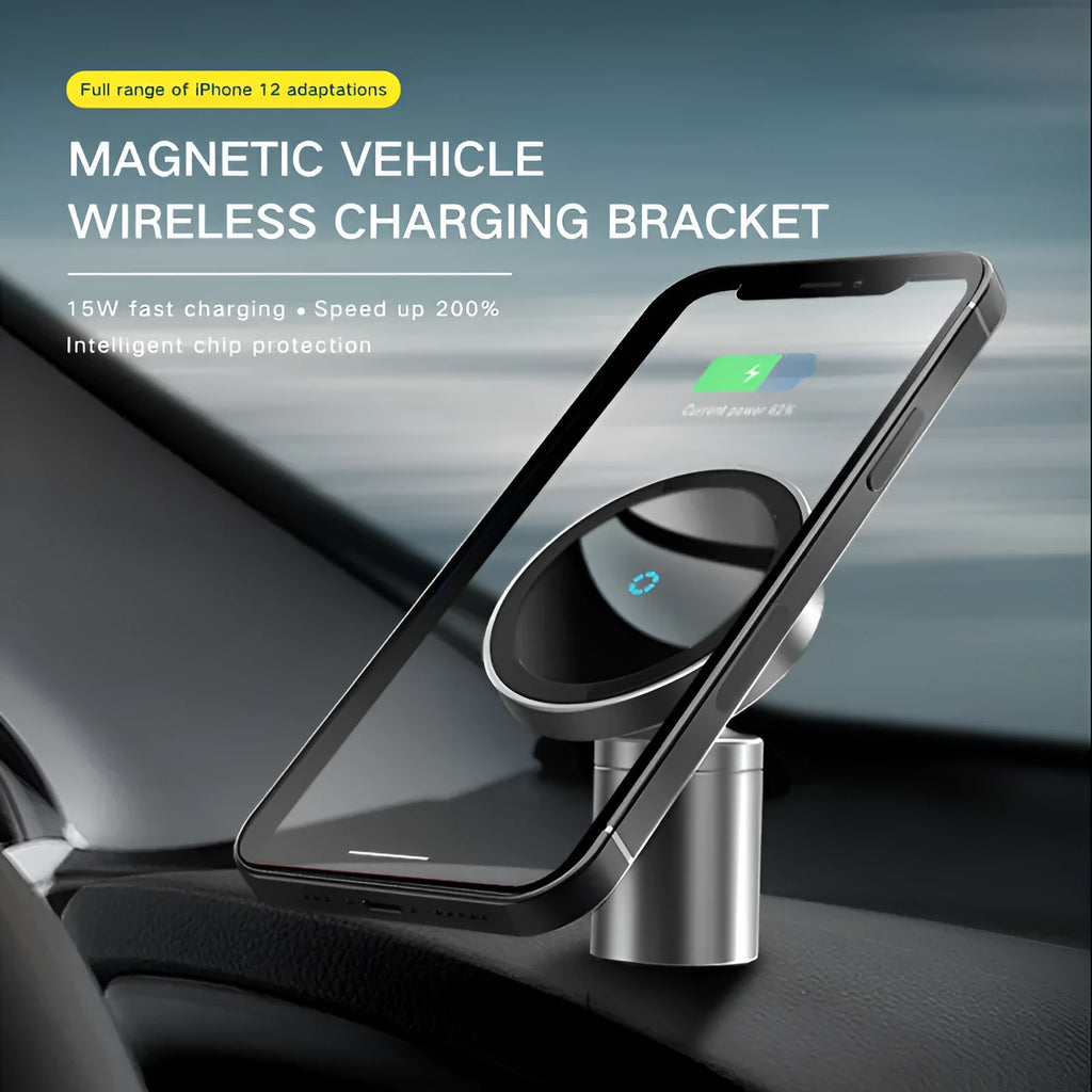 Silver 15W magnetic wireless charger with 360-degree rotating bracket for iPhone 12 series and Android phones