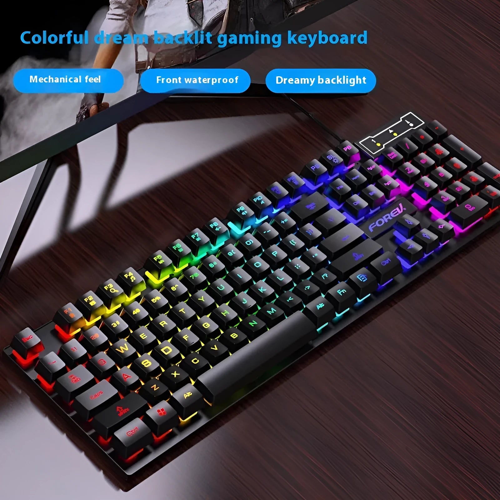 Black gaming keyboard and mouse combo with backlit keys and USB cables