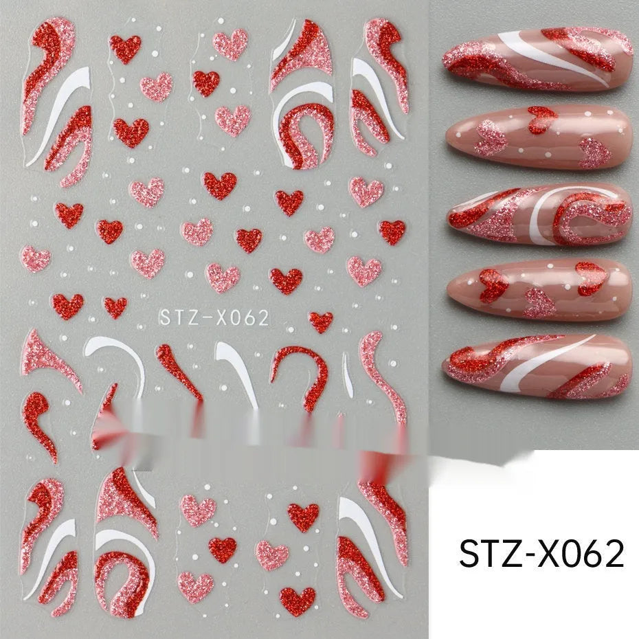 Pack of black and silver striped nail art stickers with cartoon and love pattern designs.