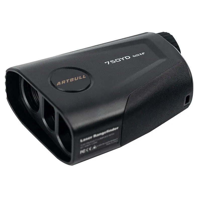 Golf laser rangefinder with LCD display showing distance measurement, featuring flag lock and slope compensation functions